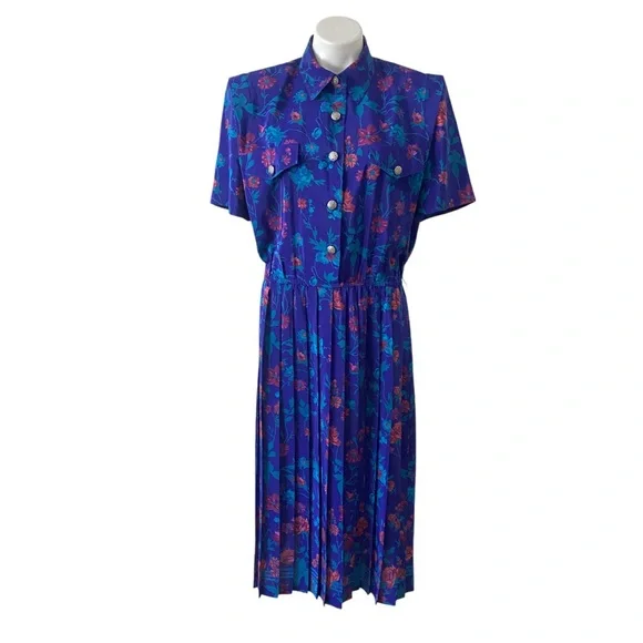 Vintage 1990s LESLIE FAY Floral Pleated retro Multicolored swing Dress sz 16 - Picture 4 of 11